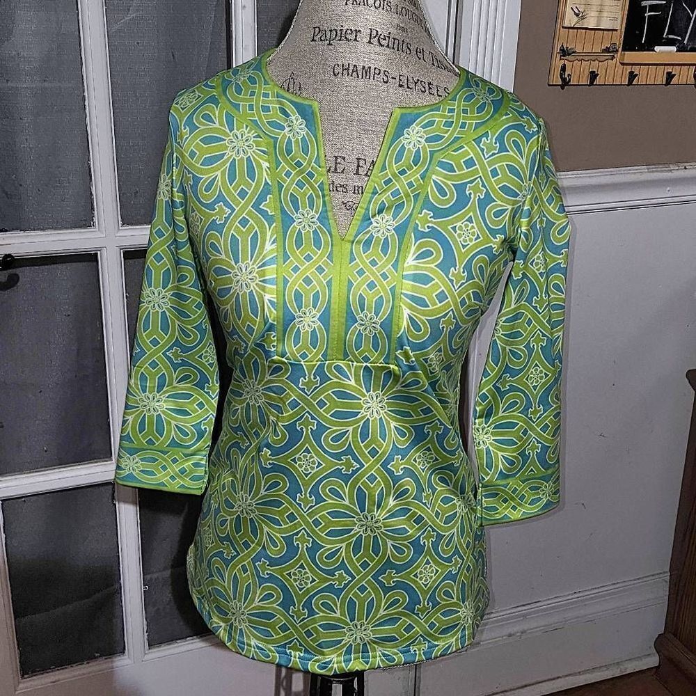 Gretchen Scott Womens Blue Green V Neck Tunic Top Blouse XS‎